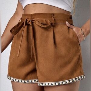 Shein Brown Paperbag Belted Boho Trim Shorts Womens Plus Size 1X Festival Summer